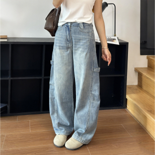 阔腿裤 300斤胖mm大码 女高腰显瘦拖地直筒工装 复古弯刀牛仔裤 美式