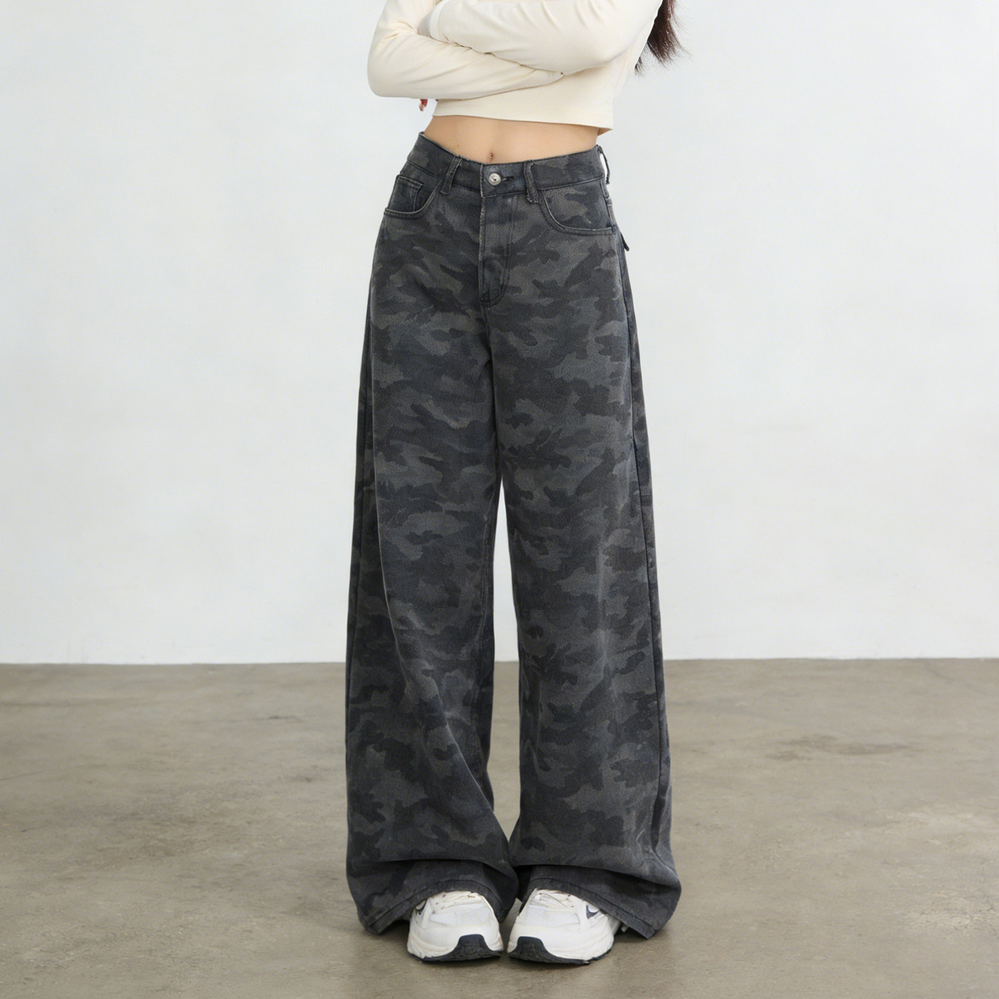 2026春季大码胖mm美式高街迷彩阔腿牛仔裤女高腰宽松显瘦拖地长裤,女装/女士精品,大码裤装,淘宝优惠券,粉丝福利购,淘宝优惠卷