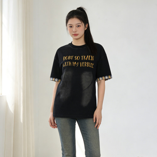 300斤大码胖mm格子拼接设计感字母刺绣牛仔短袖t恤女宽松遮肉上衣