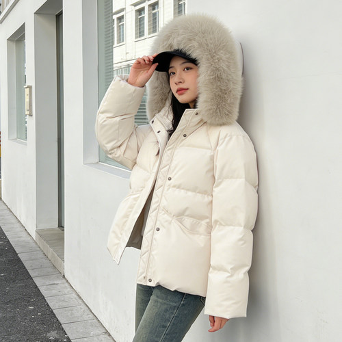 大码胖mm毛领棉服女连帽面包服