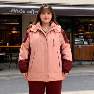 风连帽棉服女宽松夹棉加厚撞色休闲保暖棉衣外套 胖mm工装 大码 女装