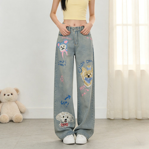 夏季大码高腰显瘦卡通阔腿牛仔裤