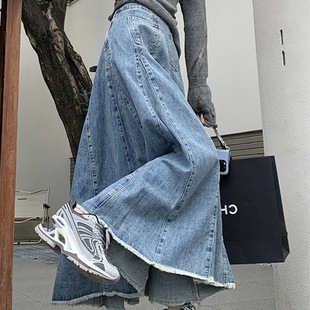 高腰毛边牛仔半身裙女胖mm高过膝百褶梨形身材a字伞裙 300斤特大码