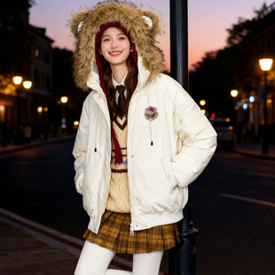 大码 学院风趣味小熊毛领棉服女加绒加厚保暖连帽棉衣外套 胖mm冬季