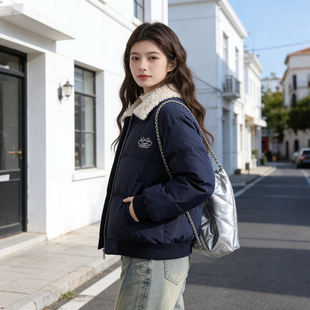 大码胖mm学院风撞色羊羔毛翻领棉服女冬季宽松加厚保暖面包服外套