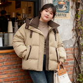 大码 胖mm撞色拼接连帽羽绒棉服女冬季 加厚保暖百搭面包服棉衣外套