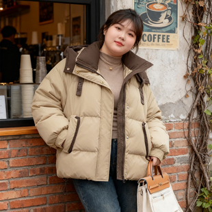 大码 加厚保暖百搭面包服棉衣外套 胖mm撞色拼接连帽羽绒棉服女冬季
