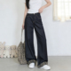 女高腰显瘦宽松长裤 2026春夏大码 胖mm复古豹纹卷边拼接阔腿牛仔裤