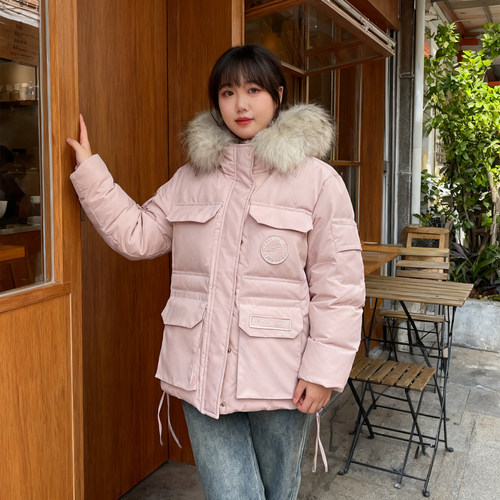 大码女装胖mm工装大毛领派克棉服