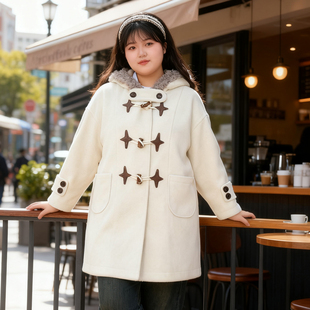 棉服外套 胖mm学院风连帽牛角扣毛呢大衣女宽松加厚中长款 大码 女装