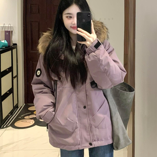 毛领连帽工装 胖mm冬季 棉服女宽松加厚保暖棉袄派克服外套 女装 大码