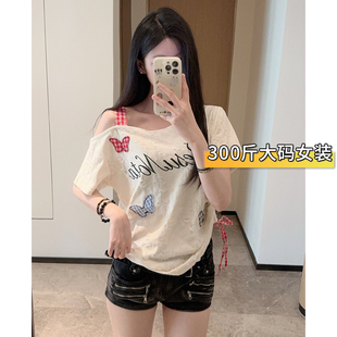 T恤女不规则抽绳上衣 300斤胖mm大码 女装 美式 复古蝴蝶贴布露肩短袖