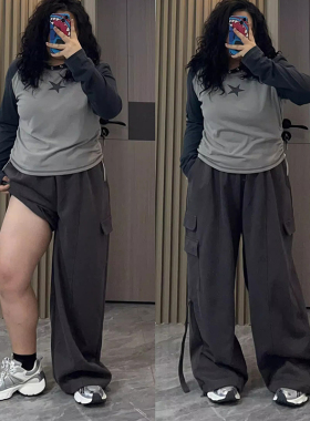 300斤大码女装美式复古工装裤女胖mm高腰宽松显瘦阔腿直筒休闲裤