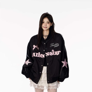 2025秋季胖mm个性字母印花棒球服外套女大码甜酷穿搭撞色夹克上衣