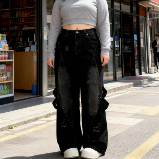 女装 女高腰显瘦小个子宽松阔腿裤 胖mm美式 牛仔裤 复古拼接工装 大码