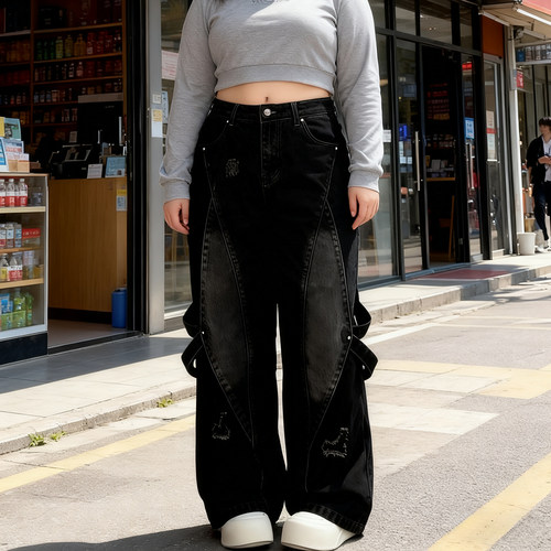 大码美式复古拼接工装牛仔裤