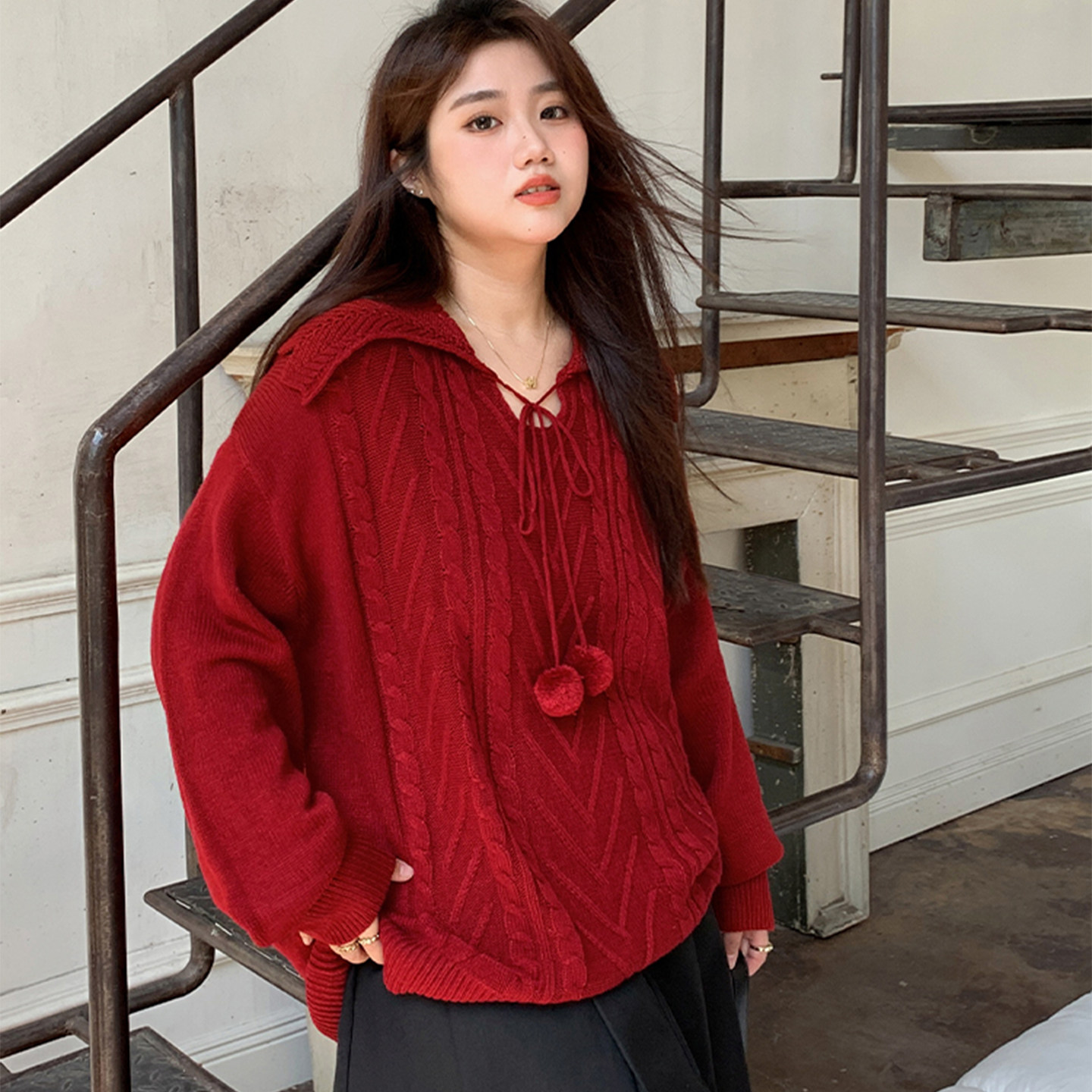 大码胖mm圣诞新年甜美风红色麻花纹毛衣女显瘦遮肉减龄针织衫上衣,女装/女士精品,大码内搭,淘宝优惠券,粉丝福利购,淘宝优惠卷