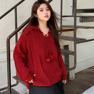 大码 上衣 胖mm圣诞新年甜美风红色麻花纹毛衣女显瘦遮肉减龄针织衫