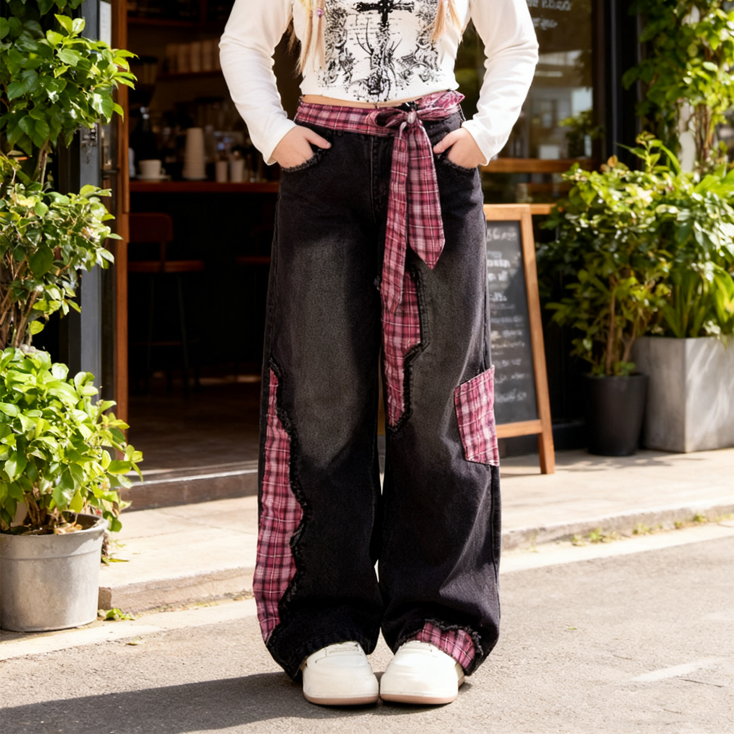 大码美式街头风格纹拼接牛仔裤女