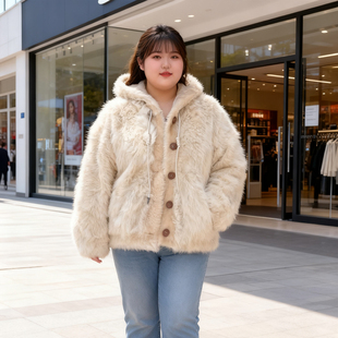 羊羔毛连帽棉服女宽松显瘦保暖毛毛加厚棉衣外套 胖mm冬季 大码 女装