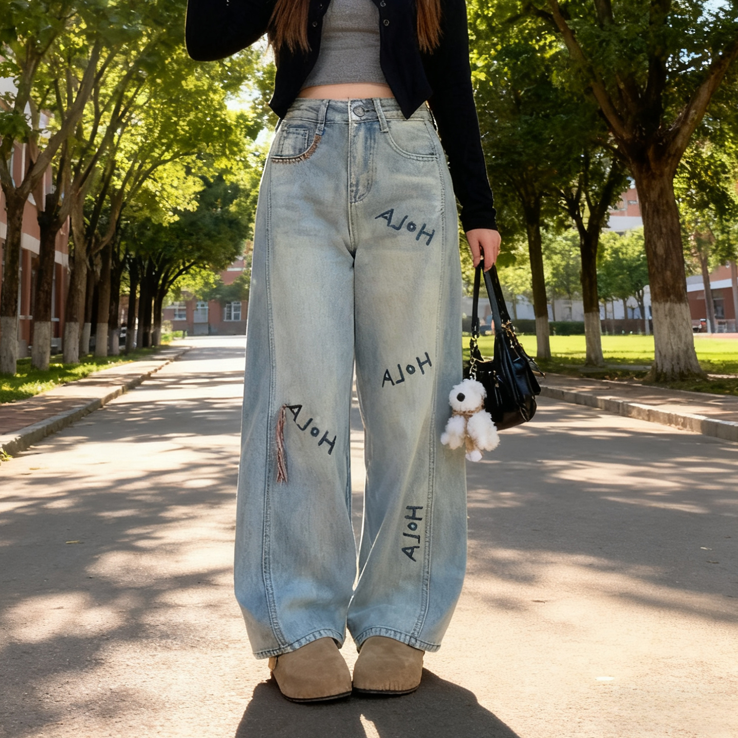 大码女装胖mm高街字母刺绣牛仔裤