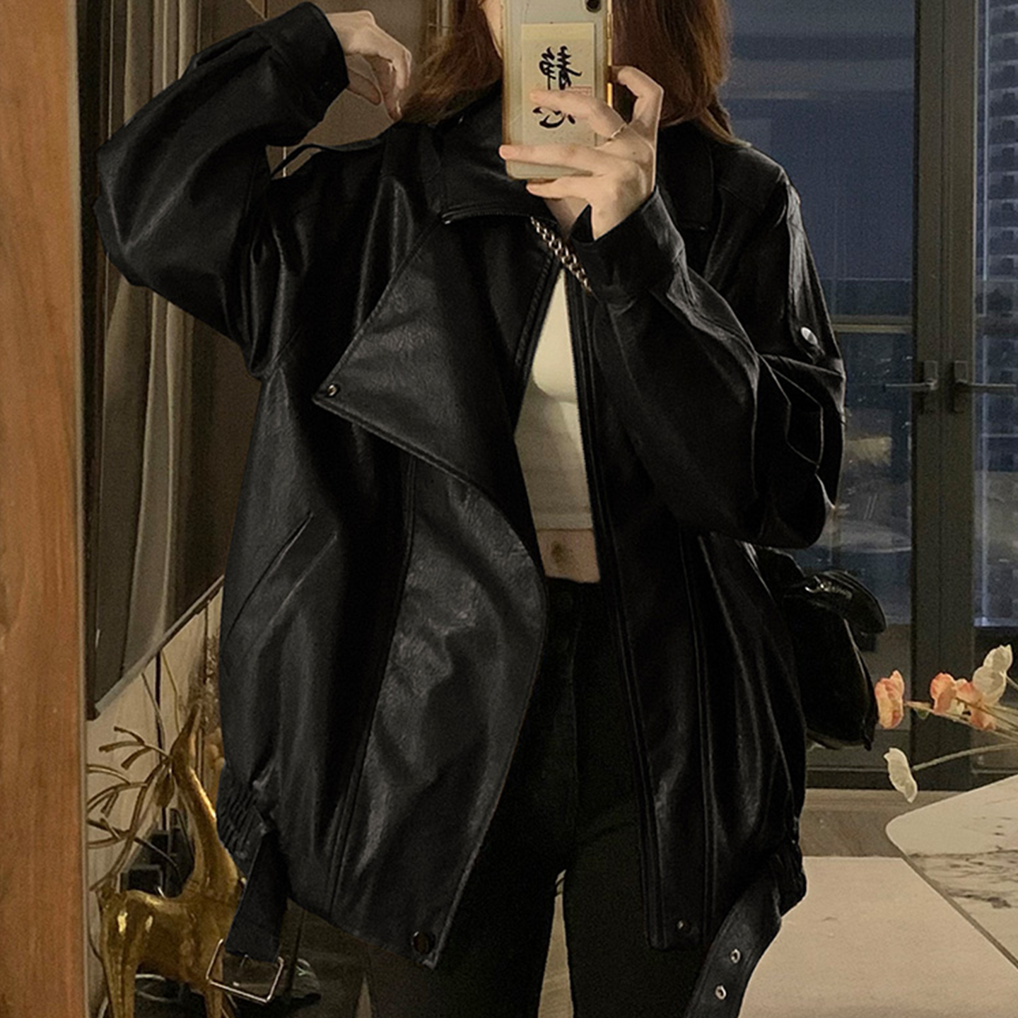 2025秋季大码翻领黑色皮衣外套