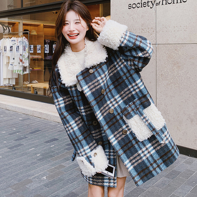 大码女装胖mm韩系格子羊羔毛外套