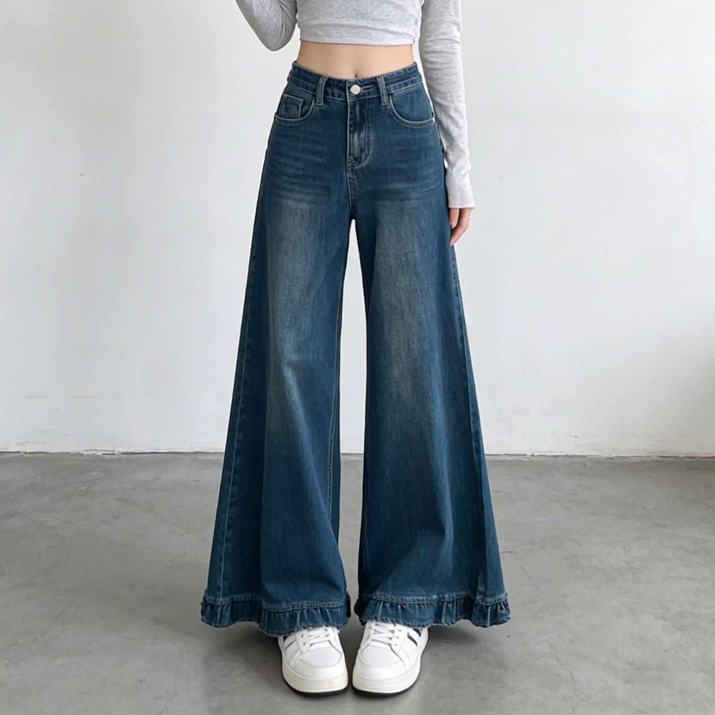 300斤大码胖mm设计感荷叶边直筒牛仔裤女高腰显瘦花边拼接阔腿裤,女装/女士精品,大码裤装,淘宝优惠券,粉丝福利购,淘宝优惠卷