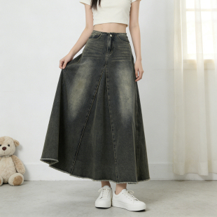 复古水洗毛边牛仔半身裙女高腰显瘦A字长裙 胖mm美式 2026夏季 大码