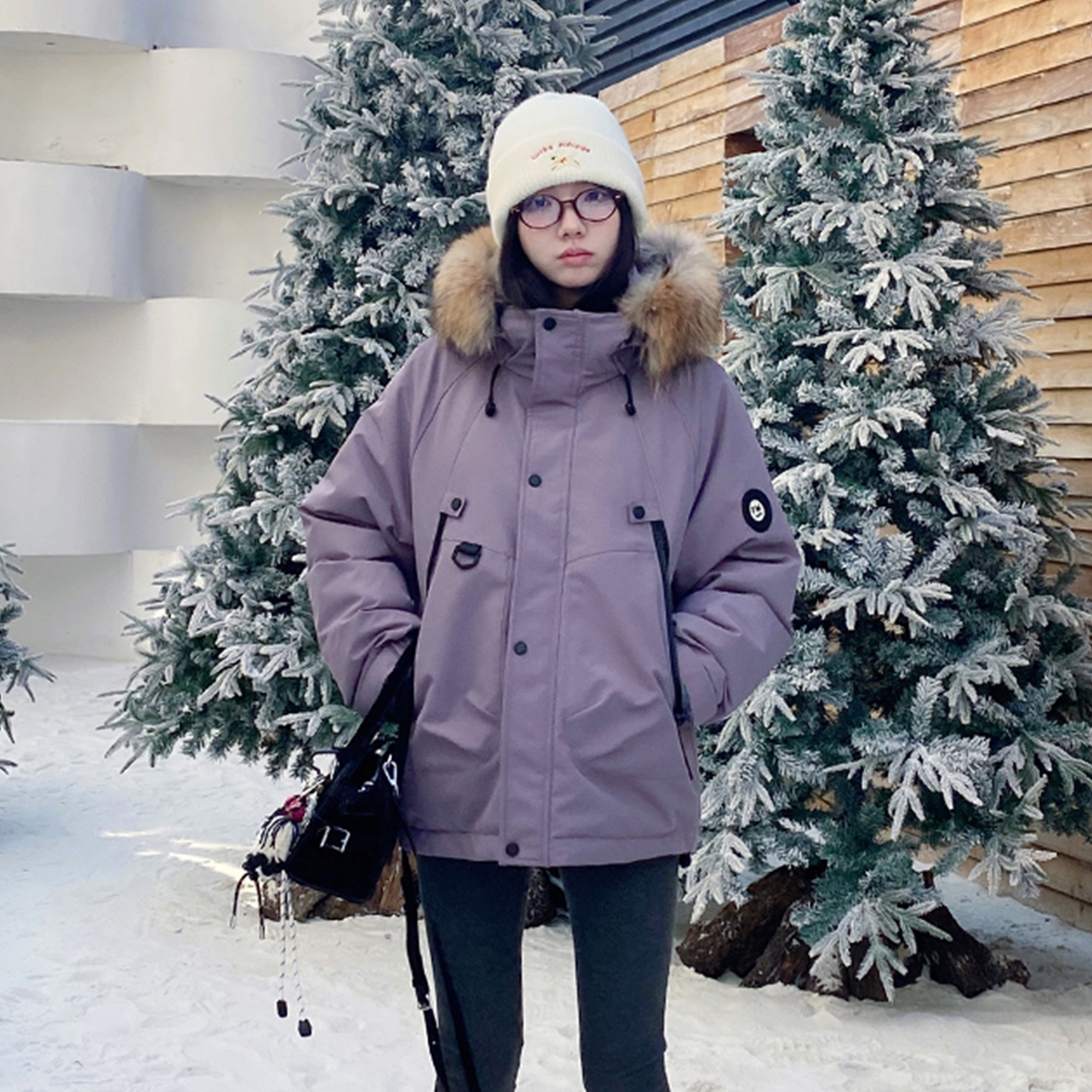 大码女装宽松加厚连帽大毛领棉服