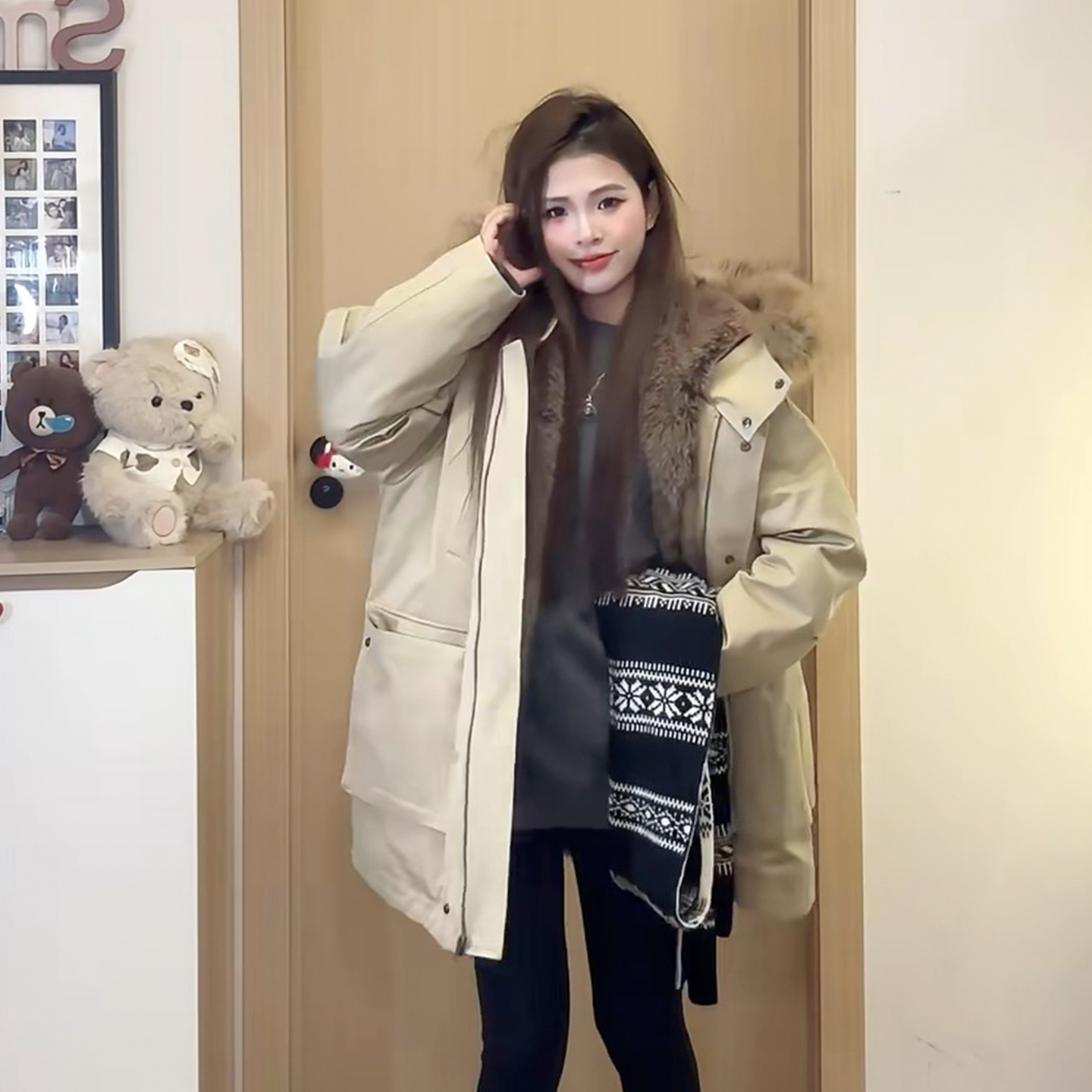 大码胖mm冬季酷飒大毛领连帽外套