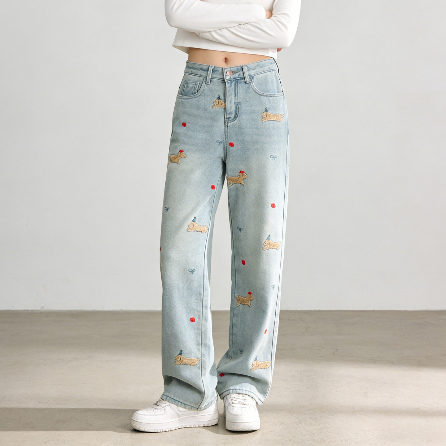 2026春季大码胖mm复古卡通刺绣牛仔裤女高腰显瘦阔腿裤宽松拖地裤,女装/女士精品,大码裤装,淘宝优惠券,粉丝福利购,淘宝优惠卷