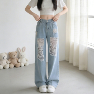 女高腰显瘦阔腿直筒裤 2026夏季 破洞蕾丝拼接牛仔裤 胖mm美式 子 大码