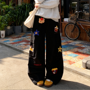 大码 裤 女装 女宽松设计感工装 胖mm黑色卡通刺绣阔腿牛仔裤 2026春季