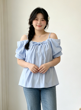 胖mm特大码女装甜美蓝色一字肩短袖t恤女夏季设计感宽松遮肉上衣