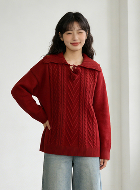 大码女装胖mm新年红色麻花针织衫慵懒风翻领毛衣宽松遮肉减龄上衣