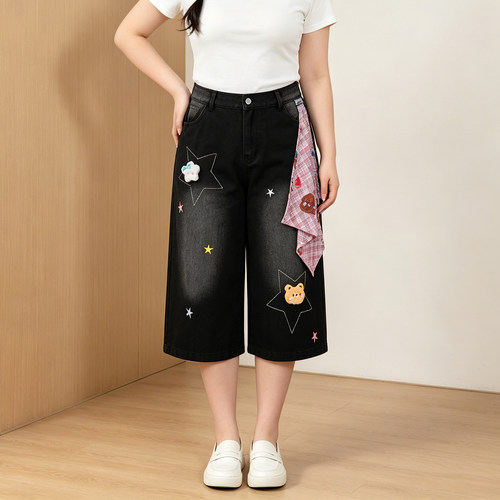 胖mm复古星星刺绣阔腿牛仔裤女