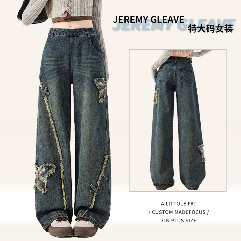 胖mm大码女装复古蝴蝶刺绣牛仔裤