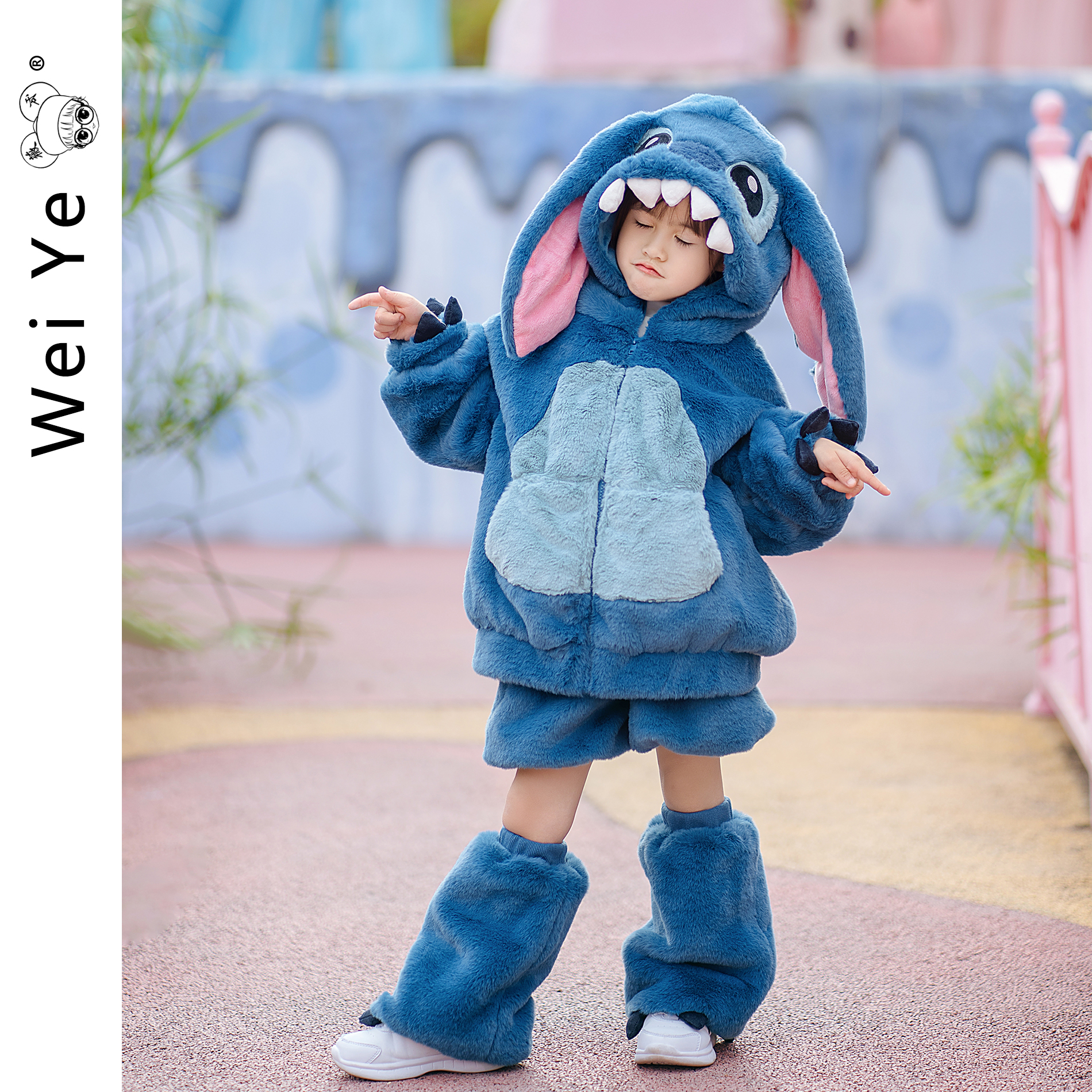 薇爷原创【小怪兽】冬季女童宝宝亲子毛绒绒卡通连帽加厚保暖套装