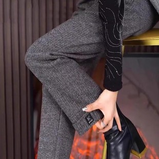 小个子妈妈毛呢裤2025新款加绒加厚人字纹高腰显瘦遮肉九分直筒裤
