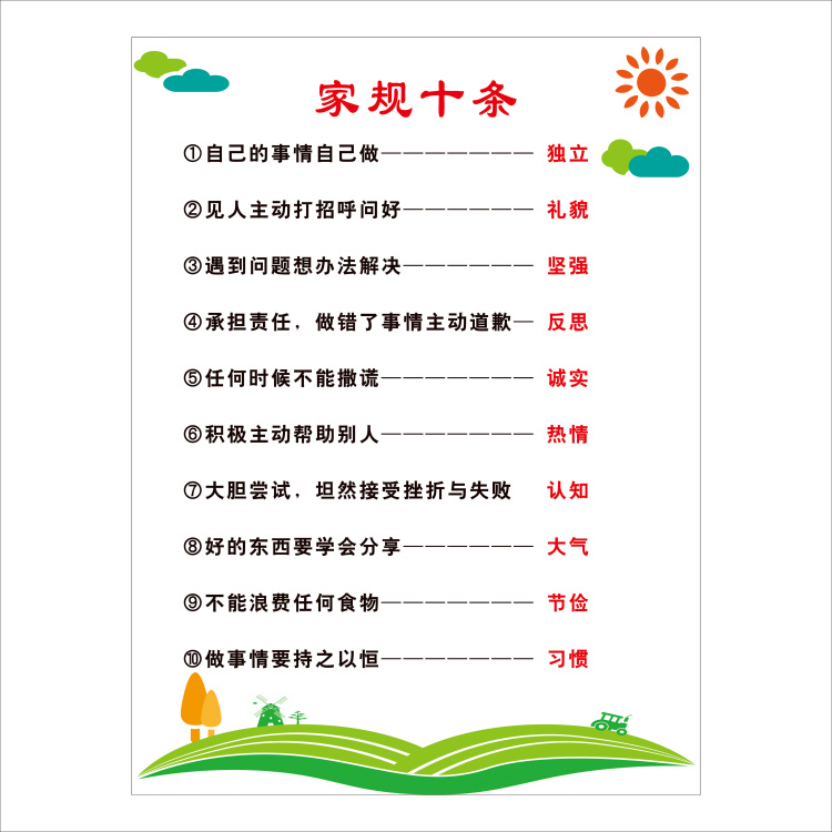 小学生家规家训十条墙贴儿童房家庭装饰墙贴画自律育儿规则纸标语图片