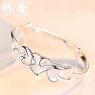 心相连手镯 纯银999 女式时尚银镯子 心连心手饰热销送女朋友表白