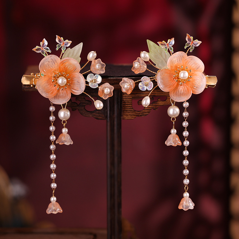 儿童汉服头饰琉璃花朵女童古风发夹中国风甜美结流苏对夹唐装配饰