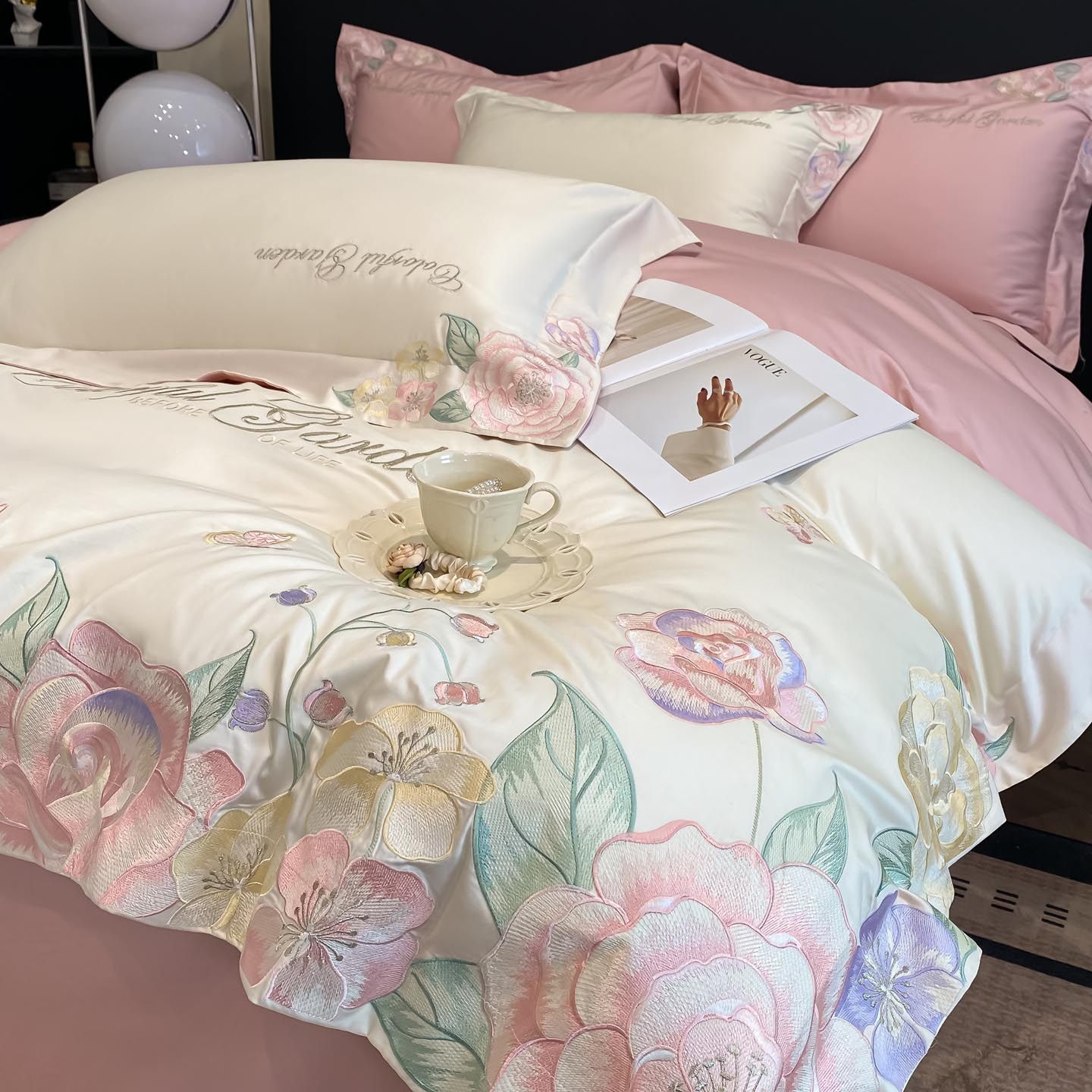 100全棉四件套纯棉纯色床单刺绣被套高端轻奢简约田园公主风桃花,床上用品,床品套件/四件套/多件套,淘宝优惠券,粉丝福利购,淘宝优惠卷