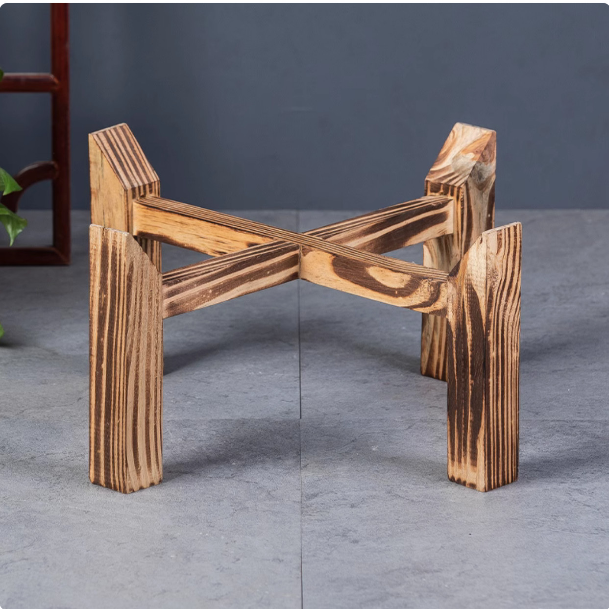 陶瓷鱼缸实木底座鱼缸装饰品十字底座圆形鱼缸底座摆件