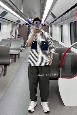 翻领中袖潮休闲痞帅衬衫短袖衬衣