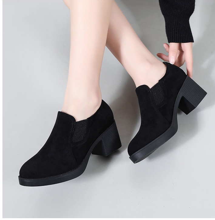 绒面粗跟单鞋英伦四季高跟鞋女鞋