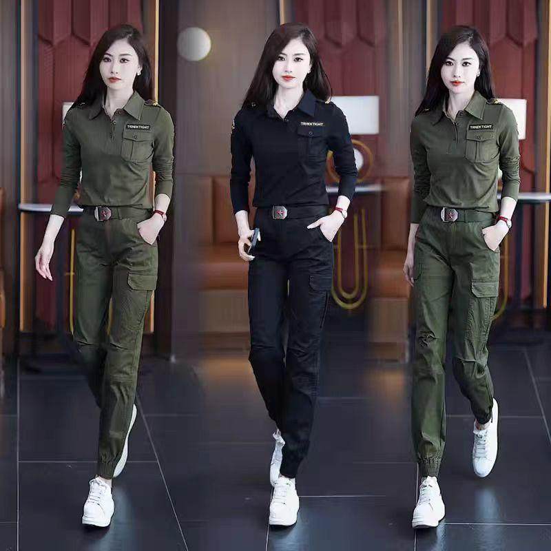 迷彩服女长袖t恤春秋新款显瘦水兵舞套装运动休闲工装长裤两件套