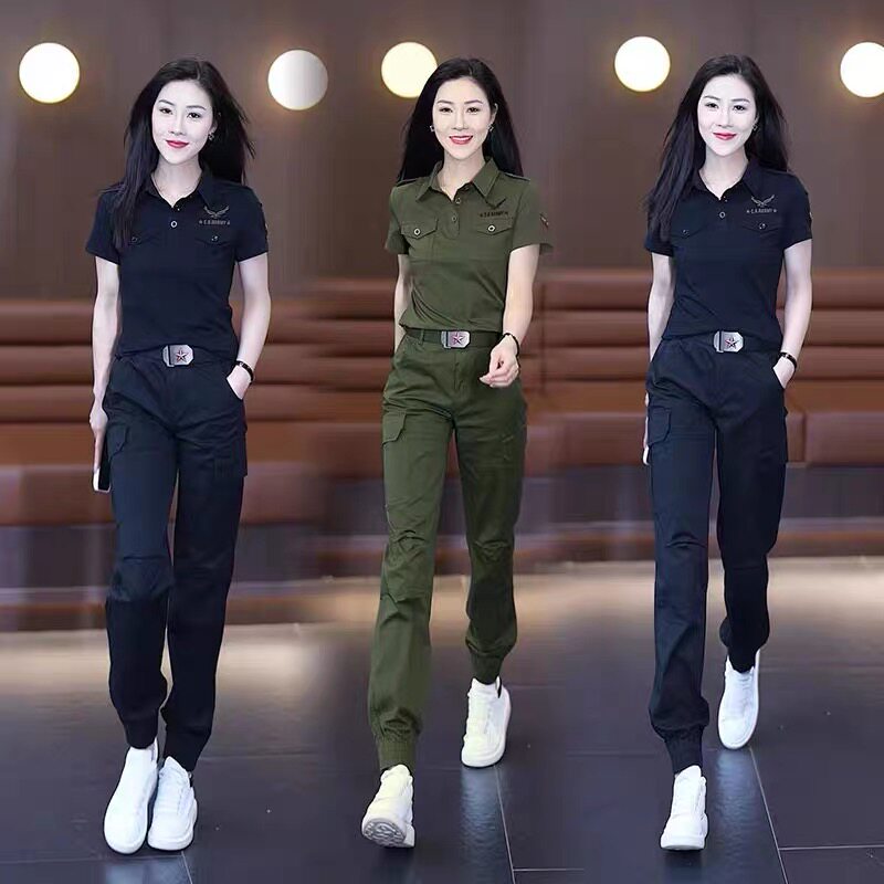 夏季新款女黑色短袖时尚休闲套装