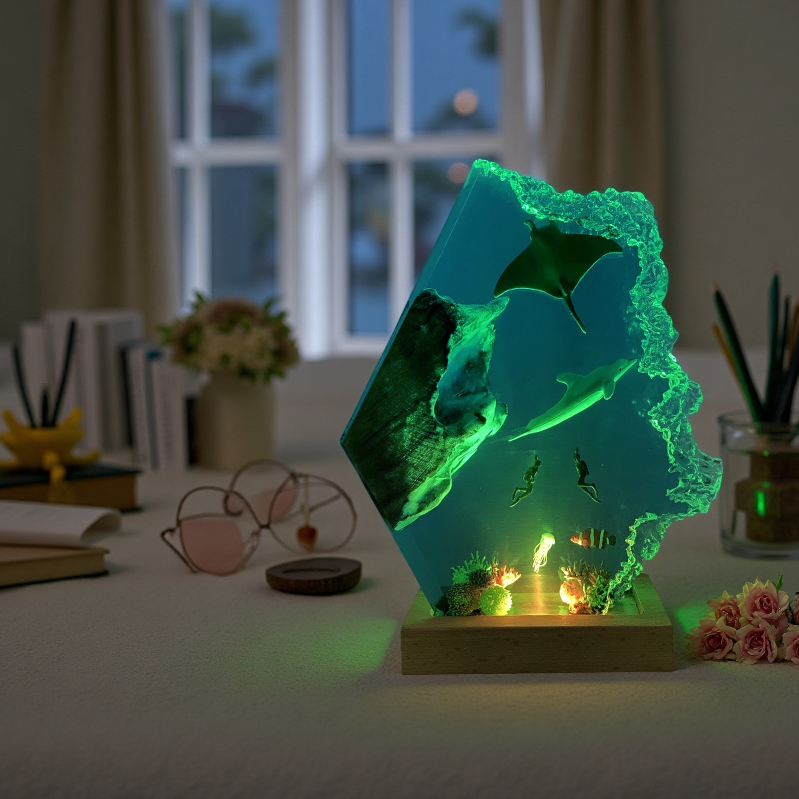 海底世界魔鬼鱼海豚潜水员热带鱼珊瑚礁小夜灯床头灯氛围灯摆件